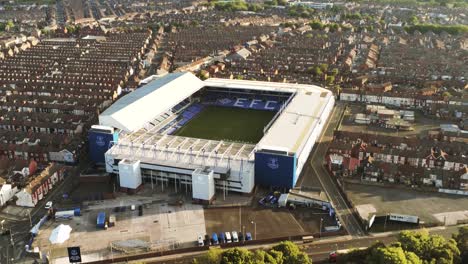 Iconic-Goodison-Park-EFC-football-ground-stadium-aerial-view,-Everton,-Liverpool-slow-orbit-right