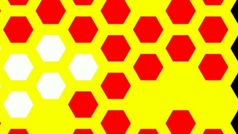 Computerisierte-Animation-Kleiner-Roter,-Weißer-Und-Schwarzer-Sechsecke,-Die-Auf-Gelbem-Hintergrund-Verblassen-Und-Knallen