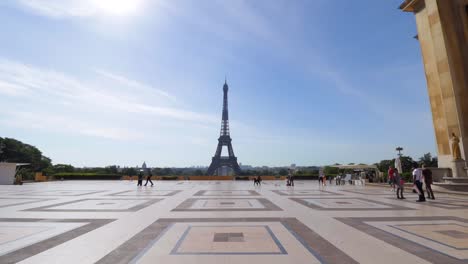 Trocadero-and-Eiffel-tower-wide-pan-view-with-few-tourists-due-to-covid-virus-outbreak-during-sunny-summer-day