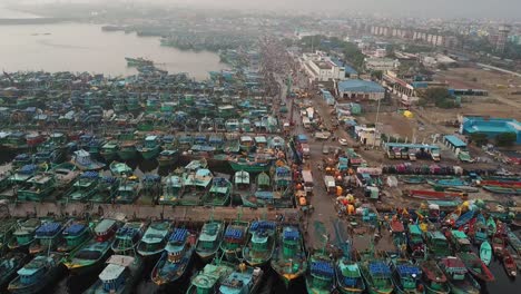 Aerial-View-over-Fishing-Boats-in-Royapuram-fishing-harbor