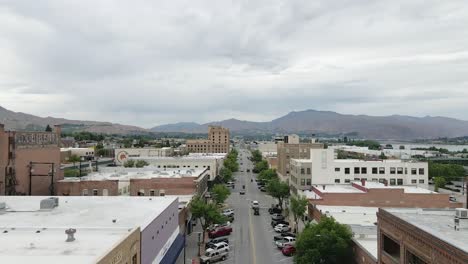 Aerial-view-of-downtown-Wenatchee,-Washington,-USA-on-a-cloudy-day