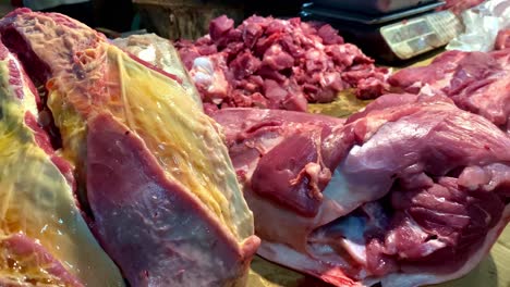 Butchered-Pork-Meat-on-Table-Display-at-Local-Wet-Market-in-the-Philippines---Meat,-Market-and-Farm-Industry