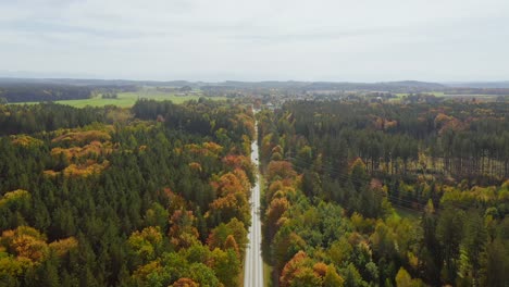 Aerial-timelapse-of-a-autumn-colored-road-leading-through-a-colorful-forest-at-a-sunny-day,-many-cars-driving-up-and-down-the-road-with-a-bright-horizon-in-front-of-the-bavarian-alps