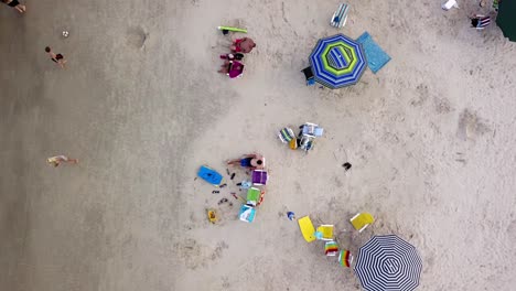 Aerial-top-down-shot-of-families-and-couples-relaxing-on-a-sandy-beach