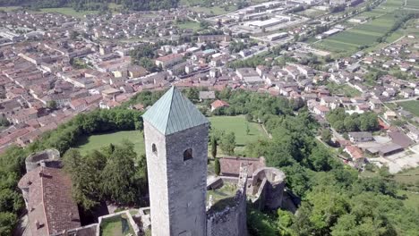 Aerial-panoramic-view-of-Borgo-Valsugana-in-Trentino-Italy-with-views-of-the-city-and-mountains