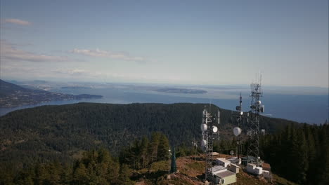 Aerial-view-of-signal-towers-on-peak-of-Mountain