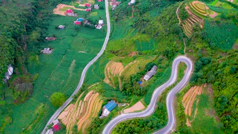 Eine-Kurvenreiche,-Sich-Windende-Straße,-Die-Wunderschön-In-Den-Berghang-Des-Geoparks-Dong-Van-Karst-Plateau-Geschnitten-Ist