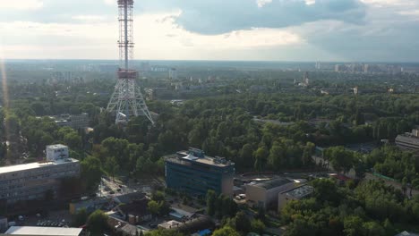 Aerial-View-of-Buildings-Near-Base-of-Radio-Tower-in-Kyiv,-Ukraine