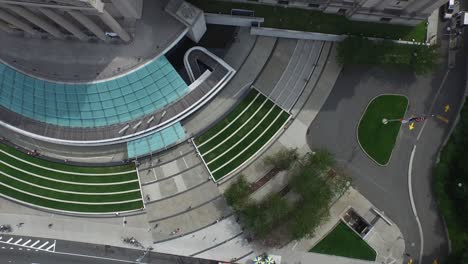 Top-down-aerial-view-of-architecture-lines-of-Brooklyn-Museum-stadium-entrance-4K