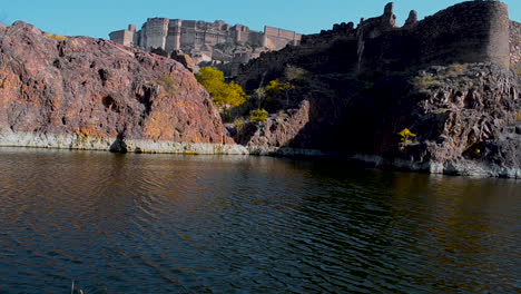 Water-flowing-calmly-in-the-rocky-mountains-at-historical-fort-of-Mehrangarh-Jodhpur-Rajasthan-India-outdoor