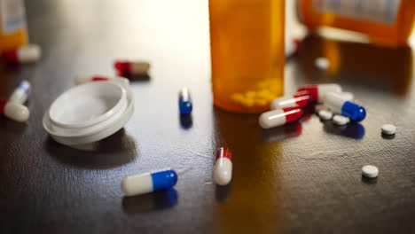 Painkillers-and-antibiotics-in-pills-and-capsules-strewn-about-among-prescription-medicine-bottles-on-a-table