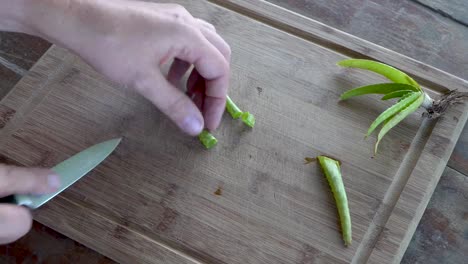 Slicing-aloe-vera-leaf-on-wooden-cutting-board-to-harvest-gel,-close-up