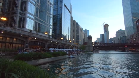 Chicago-Riverwalk-view,-usa,-United-States,-by-the-river,-river,-water,-tourism,-tourist-destination,-summer-time,-cityscape,-urban-city-view