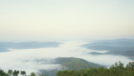 Tilt-down-of-View-of-Valley-in-Kigali,-Rwanda-filled-with-a-blanket-of-clouds