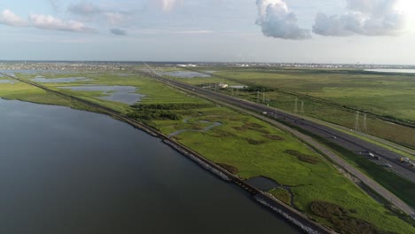 Aerial-drone-video-of-Highway-I45-into-Galveston