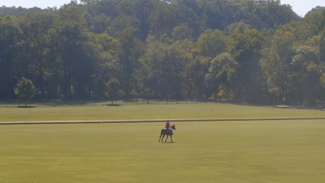 Atlanta,-Georgia-–-21.-Juli-2019:-Eine-Weitwinkelaufnahme-Zeigt-Ein-üppiges-Grünes-Feld-Mit-Einem-Polospieler,-Der-In-Der-Ferne-Auf-Seinem-Pferd-über-Das-Feld-Reitet