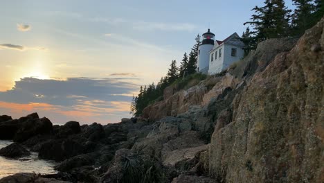 4K-Bass-Harbor-Head-Lighthouse-in-Bass-Harbor,-Maine-at-Sunset