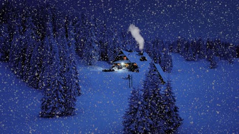 Realistic-woodland-secluded-Christmas-cabin-chalet-in-snowfall-overlay-scene---smoking-chimney,-Nighttime