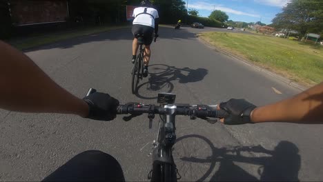 POV-Following-Cyclist-Down-Rickmansworth-Road-Past-Roundabout-And-Up-Baldwins-Lane