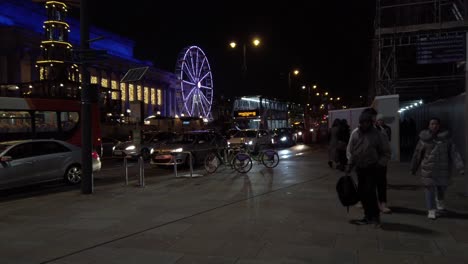 Liverpool-Christmas-market-urban-street-scene-at-night,-Fairy-lights,-slow-motion-cityscape