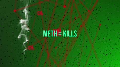 Compuesto-Químico-De-Metanfetamina-En-Rojo-Con-Fondo-Verde,-Humo-Y-Un-Mensaje-Que-Dice-Que-La-Metanfetamina-Mata