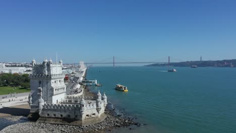 Aerial-Drone-Shot-if-the-Belem-Tower-and-Tagus-River-in-Lisbon,-Portugal