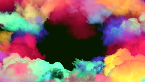 Abstrakter-Flug-Durch-Mehrfarbige-Wolkenlandschaft-Und-Schwarzes-Loch-Am-Horizonthintergrund