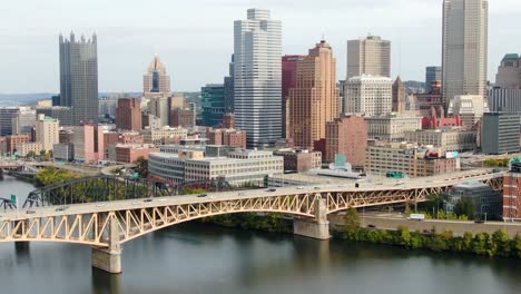 Aerial-truck-shot-of-downtown-Pittsburgh-skyline