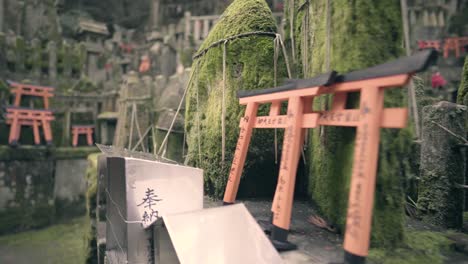 Smooth-pan-shot-of-symbolic-famous-torii-gate-Miyajima-in-Fushimi-Inari-Shrine-outdoors-with-monuments,-Japan