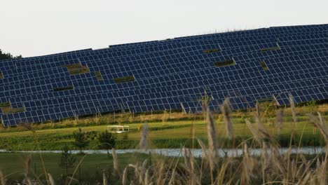 Solar-panel-farm-situated-on-hill-side-while-sun-rays-appears-and-disappears