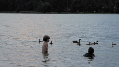 Niños-Nadando-Y-Jugando-Con-Patos-En-El-Lago-En-El-Parque-Paisajístico-De-Wdzydze-En-El-Norte-De-Polonia---Plano-Medio