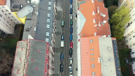 Birdseye-Aerial-View-of-Streets-of-Prague,-Czech-Republic-During-Covid-19-Virus-Outbreak-and-Lockdown,-Nobody-and-No-Traffic,-High-Angle-Drone-Shot