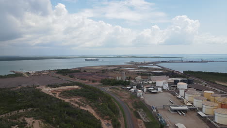 Slow-moving-drone-shot-of-East-Arm-Industrial-Area-and-Oil-Storage-Near-Marina-Darwin,-Northern-Territory