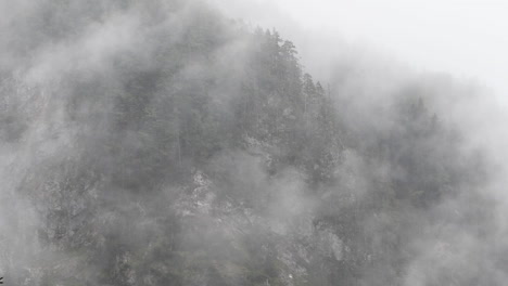 Día-Lluvioso-En-El-Valle-Alpino-Con-Nubes-Bajas,-Logarska-Dolina,-Eslovenia,-Nubes-Y-Niebla-Moviéndose-Lentamente-Detrás-De-Los-árboles,-Clima-Montañoso-Impredecible,-Peligro-Para-Excursionistas-Y-Escaladores,-Hd