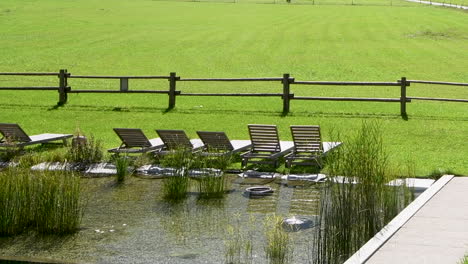 Natural-swimming-pond-pool-with-grass,-lilies-and-deck-chairs-on-green-meadow,-Eco,-ecological-tourism-concept,-nobody