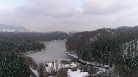 Aerial-view-of-frozen-lake-surrounded-with-forest-and-fairy-tale-castle-in-the-distance-at-winter