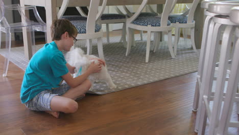 Cute-little-boy-plays-with-his-maltipoo-near-the-dining-room-table-and-then-chases-him-under-the-table