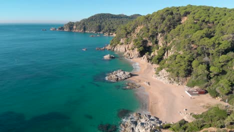 Aerial-shots,-beach,-europe,-turquoise-water-rock,-sand,-vegetation,-transparent-water