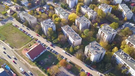 Aerial-fly-by-drone-shot-of-blocks-of-flats-in-a-sub-urban-area-near-Budapest,-Hungary