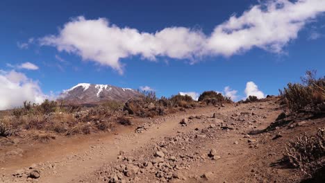 Toma-Estática-De-Un-Hombre-Caminando-En-El-Monte-Kilimanjaro,-Llevando-Cosas-En-La-Cabeza,-En-Un-Día-Soleado,-En-Tanzania,-áfrica