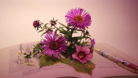 Nahaufnahme-Von-Blumen-Und-Stift-Auf-Dem-Buch