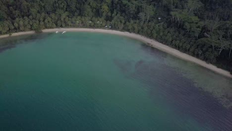 Wide-aerial-view-of-calm-white-sand-beach-by-natural-wild-jungle-in-the-Philippines---camera-tilting-up