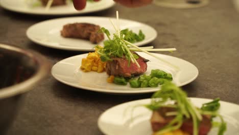 SLOWMO---Chef-preparing-beef-steak-with-vegetables-on-white-plate-at-food-festival