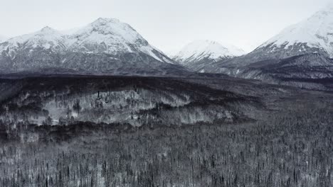 Die-Luftaufnahme-Entfernt-Sich-Vom-Wald-Und-Den-Bergen-Alaskas