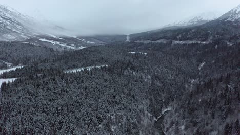 Drone-flies-over-snowy-Alaskan-forest