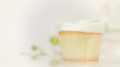 Vanille-Cupcake-Mit-Rotierender-Grüner-Akzentpflanze-Im-Hintergrund