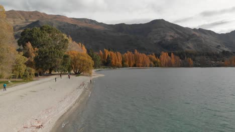 Slowmo-Aerial-Drone-view-of-the-shore-and-Lake-Wanaka,-New-Zealand-n-autumn