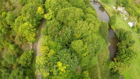 Aerial-view-of-cyclists-riding-through-the-forest,-woods-by-Headstone-viaduct,-bridge-in-the-Derbyshire-Peak-District-National-Park,-Bakewell,-commonly-used-by-cyclists,-hikers,-popular-with-tourists