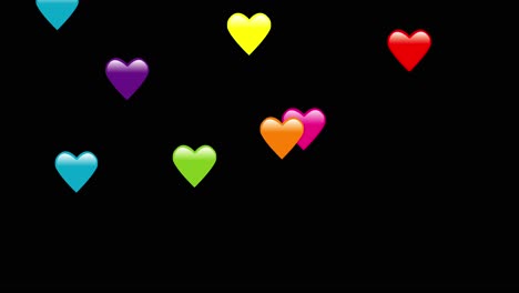 Animation-Von-Emoji-Herzen-In-Allen-Farben,-Die-Von-Oben-Fallen,-Auf-Schwarzem-Hintergrund