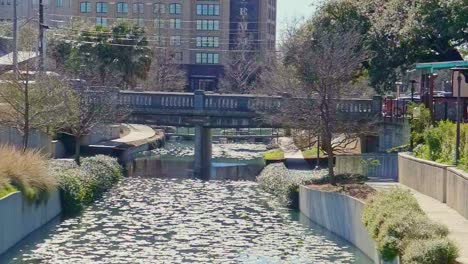 Auto-Fährt-über-Eine-Betonbrücke-über-Einen-Kanal-Kamera-Zoomt-Langsam-Heraus-Seerosenblätter-Schwimmen-Auf-Dem-Fluss